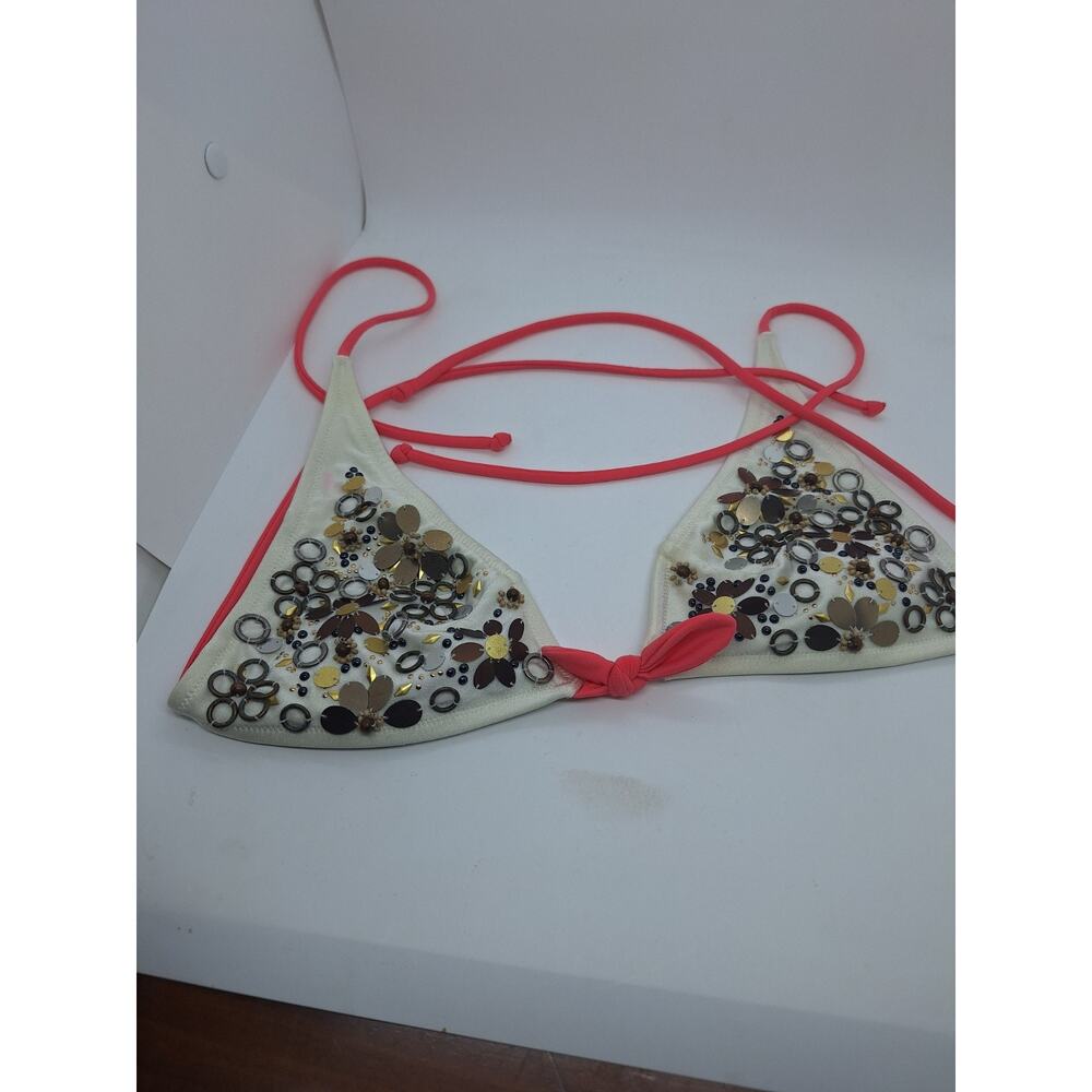 Victoria’s Secret Gold Metal Beaded Triangle White & Pink Bikini Top Sz MED